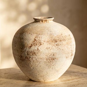 May include: A round, wide-bodied ceramic vase with a narrow neck and a small, circular opening. The exterior features a textured, off-white finish with mottled brown and tan patches, giving it a weathered, earthy appearance and a matte surface.