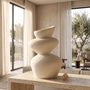 Peut inclure: Un vase en céramique blanc cassé mat avec une silhouette organique empilée composée de trois sections arrondies et bulbeuses de tailles variables, doté d'une large ouverture inclinée sur le dessus et d'une texture de surface lisse et unie.