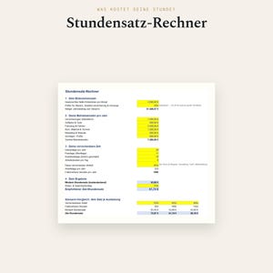 May include: A digital spreadsheet titled Stundensatz-Rechner by SheetsShopDE, featuring sections for income goals, annual operating costs, and billable time. The document includes yellow input fields and blue result cells for calculating hourly rates.