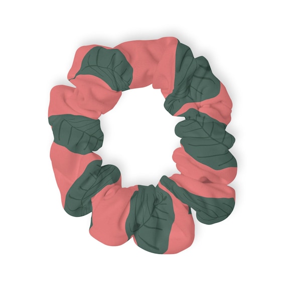 Green Leaf Pattern Scrunchie | Coral Background, Botanical Hair Accessory