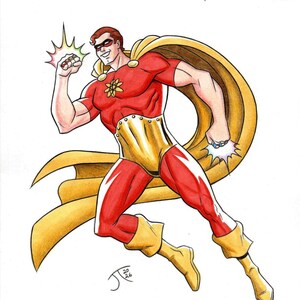 May include: A comic book cover titled Avengers/JLA 2 of 4 featuring a superhero in a red suit with a gold metallic midsection, yellow cape, and yellow boots. The character has a red mask and an atom symbol on the chest, with glowing energy effects.