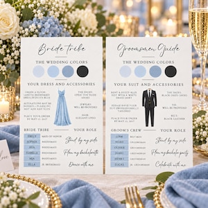 May include: Two white rectangular wedding information cards titled Bride Tribe and Groomsmen Guide. Each card displays a colour palette of four circles, clothing illustrations, and lists of names and roles with black text on a white background.