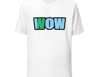 May include: A white short-sleeve t-shirt featuring the word WOW printed in the center. The letter W is light blue, the letter O is light blue, and the letter W is green. Each letter is outlined in a thick black border.