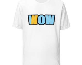 May include: A white short-sleeved crew neck t-shirt featuring the word WOW printed in the center. The letters are light blue with a thick black outline, except for the first W, which is yellow with a black outline.