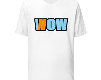 May include: A white short-sleeve t-shirt featuring the word WOW printed in the center. The letters are light blue with a thick black outline, while the letter O is a solid orange color with a black outline, creating a bold graphic design.