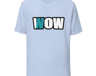 May include: A light blue short-sleeve t-shirt featuring the text WOW printed in large, bold white letters with a thick black outline. The letter W is partially filled with a solid teal color, creating a graphic design on the chest.