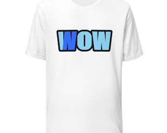 May include: A white short-sleeved crew neck t-shirt featuring the word WOW printed in large, bold, light blue capital letters with a dark blue outline centered on the chest area of the garment.