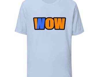 May include: A light blue short-sleeve t-shirt featuring the text WOW printed in a bold, blocky font across the chest. The letter W is blue, while the letters O and W are orange, all outlined in a thick black border.