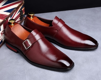 Men's Wine Red Leather Monk Buckle Loafers, Formal Office Wedding Groomsmen Gift