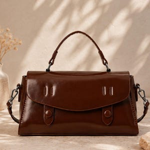 Brown Vintage Satchel Bag, Top Handle Crossbody Purse, Flap Closure Women