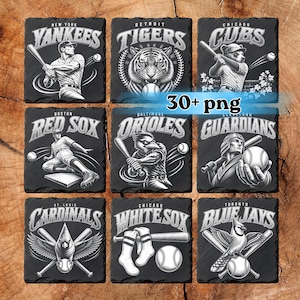 May include: A collection of nine square slate coasters featuring black and white illustrations of baseball teams including the Yankees, Tigers, Cubs, Red Sox, Orioles, Guardians, Cardinals, White Sox, and Blue Jays, with the text 30+ png overlaid.