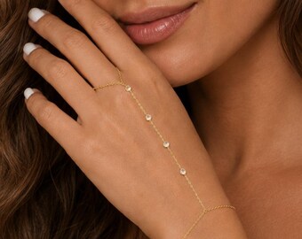 Oval CZ Hand Chain, Dainty Gold Slave Bracelet, Pear Stone Ring Bracelet, Gift Her
