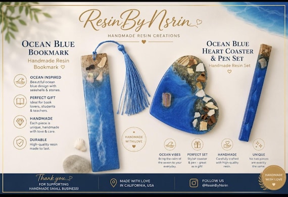 A cohesive handmade resin set — bookmark, pen, and coaster — where every piece captures actual swirling ocean waves in translucent blue resin, so it looks like the sea froze on your desk.