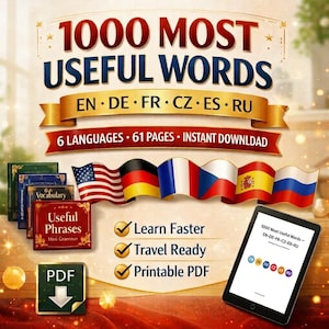 May include: A digital educational product titled 1000 MOST USEFUL WORDS featuring six languages, 61 pages, and instant download. It includes a stack of small books, a PDF icon, and a tablet displaying the title and language abbreviations.