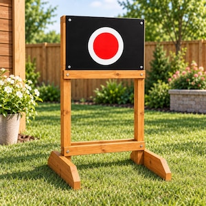May include: A freestanding wooden target stand featuring a rectangular black board with a centered red circle surrounded by a white ring. The frame is constructed from light brown wood with four visible metal bolts securing the target board in place.