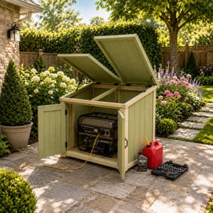 May include: A light green wooden outdoor storage enclosure with two hinged doors and a dual-panel lifting lid. Inside, a portable metal generator is connected to a yellow power cord. A red fuel canister and a black tool case sit on the stone patio.