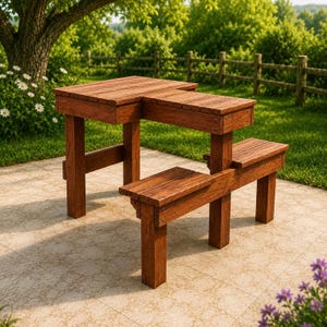 Puede incluir: Una mesa de madera marrón en forma de L con un banco integrado. La estructura cuenta con una sección de mesa elevada y un banco inferior adjunto, construido con tablones de madera horizontales con fijaciones metálicas visibles.