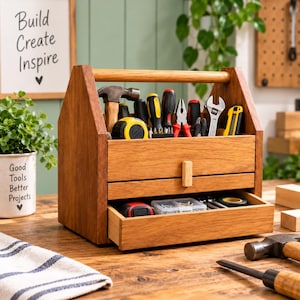 Planos para caja de herramientas de madera con cajón, plano de carpintería para bricolaje, proyecto de caja de herramientas de madera, construcción de almacenamiento de herramientas, plano digital para organizador de taller