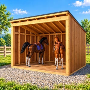 May include: A wooden horse shelter with a slanted roof and open front, housing two brown horses. One horse is positioned in profile wearing a blue saddle pad, while the other stands facing away, both featuring white markings on their lower legs.
