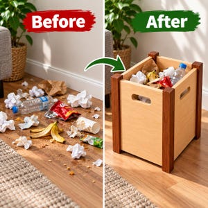 Peut inclure: Une poubelle carrée en bois avec des panneaux de couleur claire et des montants d'angle brun foncé, dotée de poignées découpées sur les côtés. La poubelle est remplie de divers déchets, dont une bouteille d'eau en plastique, du papier et des emballages.