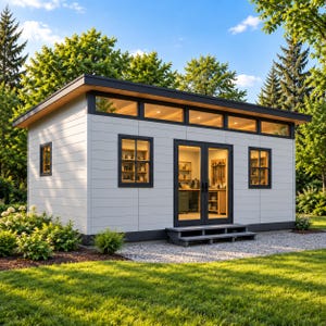 May include: A rectangular outdoor shed with light grey horizontal siding, a flat roof, and dark trim. It features double glass doors, two windows, and a row of five clerestory windows. A small set of steps leads to the entrance on a gravel base.