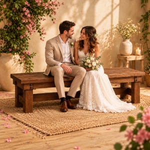 May include: A rustic wooden bench with a dark brown finish, featuring a sturdy rectangular seat and four thick block legs. The bench is positioned on a woven jute rug, providing a stable surface for seating in a bright, floral-filled setting.
