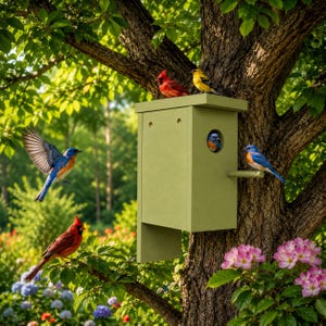 May include: A light green wooden birdhouse mounted on a tree trunk, featuring a circular entrance hole and a perch. Several birds, including bluebirds and red cardinals, are perched on or flying near the structure in a garden setting.