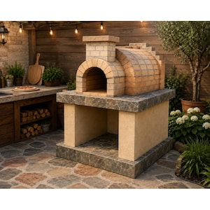 Può includere: Un forno per pizza da esterno autoportante costruito con mattoni color marrone chiaro e una forma a cupola. Il forno poggia su una base rettangolare con una finitura beige liscia e bordi in pietra grigia, offrendo un vano portaoggetti aperto.