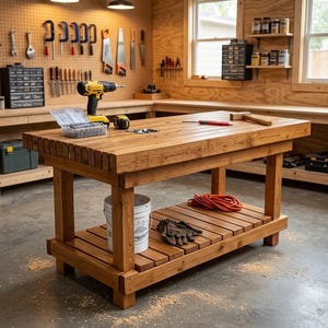 May include: A rectangular wooden workbench with a slatted top and a lower storage shelf. On the surface sits a yellow and black cordless drill, a clear plastic container filled with screws, a tape measure, a screwdriver, and a wooden mallet.