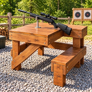 Könnte beinhalten: Eine hölzerne Schießbank mit dunkelbraunem Finish und integrierter Sitzbank. Ein schwarzes Gewehr mit Zielfernrohr ist mit einer Metallauflage auf der Tischplatte befestigt. Die Konstruktion hat dicke Holzbeine und sichtbare Metallbeschläge.