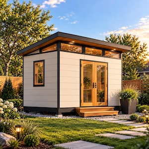 May include: A modern backyard shed with off-white horizontal siding and dark trim. It features a single window, double glass doors with wooden frames, a row of clerestory windows under a flat roof, and two wooden steps leading to the entrance.