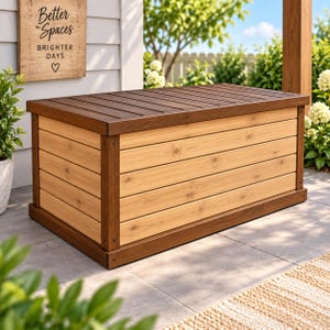 May include: A rectangular wooden storage chest featuring a two-tone design with light tan horizontal planks and a dark brown frame and lid. A wooden sign mounted above the chest displays the text Better Spaces BRIGHTER DAYS with a heart icon.