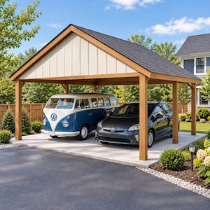 Op de afbeelding: Een houten carport met een zadeldak en lichte gevelbekleding biedt onderdak aan een blauw-witte vintage Volkswagen-bus en een donkergrijze Toyota-sedan. De constructie heeft stevige houten palen en een donker dak op een betonnen ondergrond.