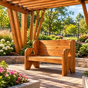 May include: A natural wood bench featuring a slatted backrest and seat, with triangular cutouts in the side panels. The bench is constructed from light brown timber with visible wood grain, positioned on a paved patio area outdoors.
