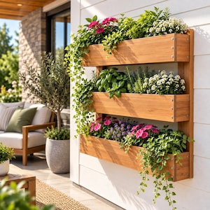May include: A three-tiered vertical wooden planter mounted on a white wall, featuring horizontal rectangular troughs secured with silver screws. The planter is filled with various green foliage, white flowers, and vibrant pink blossoms.