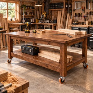 May include: A large, rectangular wooden workbench with a dark brown finish, featuring a lower storage shelf, four heavy-duty swivel casters with orange wheels, a yellow and black cordless drill, a tape measure, and a metal square on the top surface.