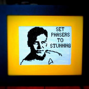 May include: A black and white cross-stitch embroidery of a man's face with the text "SET PHASERS TO STUNNING" above him.