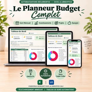 May include: A digital budget planner displayed on a laptop, tablet, and smartphone screen. The interface features a dashboard with monthly income, expenses, savings, and a pie chart for spending distribution. Text includes Le Planneur Budget Complet.