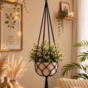 May include: A black macrame plant hanger featuring a knotted net design and a bottom tassel, suspending a light-coloured ceramic pot filled with small white flowers and green foliage. The hanger is secured by a metal ring at the top for ceiling mounting.