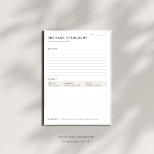 May include: A white printable planner page titled ONE PAGE. BRAIN DUMP. with sections for RELEASE, CLARIFY, and CLOSURE. The layout includes lines for writing, a grid for identifying tasks, and checkboxes. It measures 8.5 by 11 inches in US Letter size.