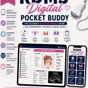 May include: A digital reference guide titled RDMS Digital Pocket Buddy for sonography students. The graphic features a tablet and smartphone displaying medical content, including an abdomen overview, organ diagrams, and ultrasound images.