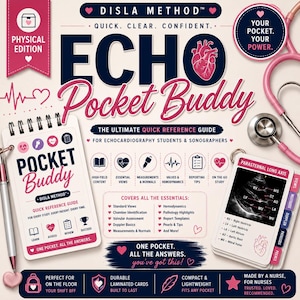 May include: A Disla Method Echo Pocket Buddy quick reference guide for echocardiography students and sonographers. The set includes a spiral-bound notebook and laminated cards featuring medical diagrams, heart anatomy, and clinical tips.