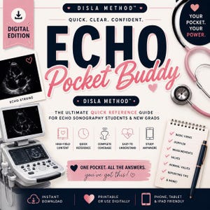 May include: A digital reference guide titled Disla Method Echo Pocket Buddy for sonography students. The graphic features a pink stethoscope, an ultrasound machine, a notepad with a checklist, and text including One pocket. All the answers.