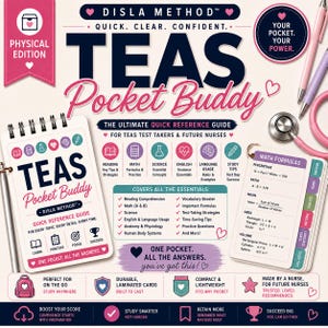Pode incluir: O Disla Method TEAS Pocket Buddy é um guia de referência rápida com espiral para estudantes de enfermagem. Possui uma capa branca com texto em azul escuro e rosa, incluindo seções sobre leitura, matemática, ciência e inglês.