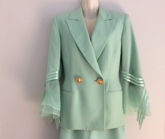 Vintage 80s Seafoam Green Fitted Skirt Suit Hollywood Glamour | Etsy