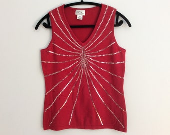 Vintage 90s Red Sequined Valentines Day Shirt Knit Top Sleeveless V Neck Sweater Vest Medium