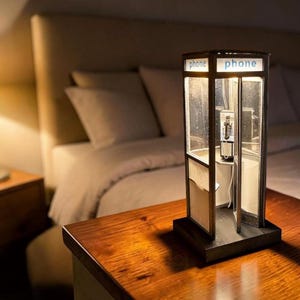 May include: A rectangular table lamp designed as a miniature British telephone booth with a dark frame, glass panels, and an internal light. The top panels feature the word phone in blue text. A small telephone model is visible inside the structure.