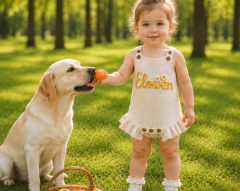 Custom Name Hand Embroidered Baby Romper, Natural Cotton Birthday Outfit