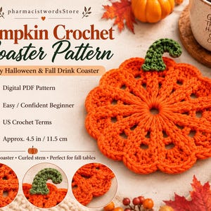 Patrón PDF de posavasos de calabaza a crochet, posavasos de algodón calado, crochet fácil para otoño