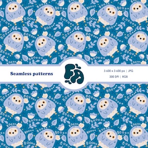 Pode incluir: Um padrão contínuo com corujas azul-claras de olhos grandes, pequenas flores brancas e folhas sobre um fundo azul-escuro. O texto "BOO" está espalhado por toda parte. Um emblema circular central exibe as letras "FA" com especificações técnicas.